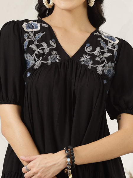 Stylum Women's Black Solid & Embroidered Rayon Flared Dress (DRSBLACKLIMBO)