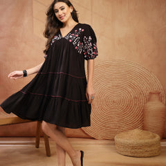 Stylum Women's Black Solid & Embroidered Rayon Tiered Dress (DRSBLACKNINA)