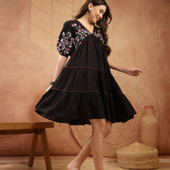 Stylum Women's Black Solid & Embroidered Rayon Tiered Dress (DRSBLACKNINA)