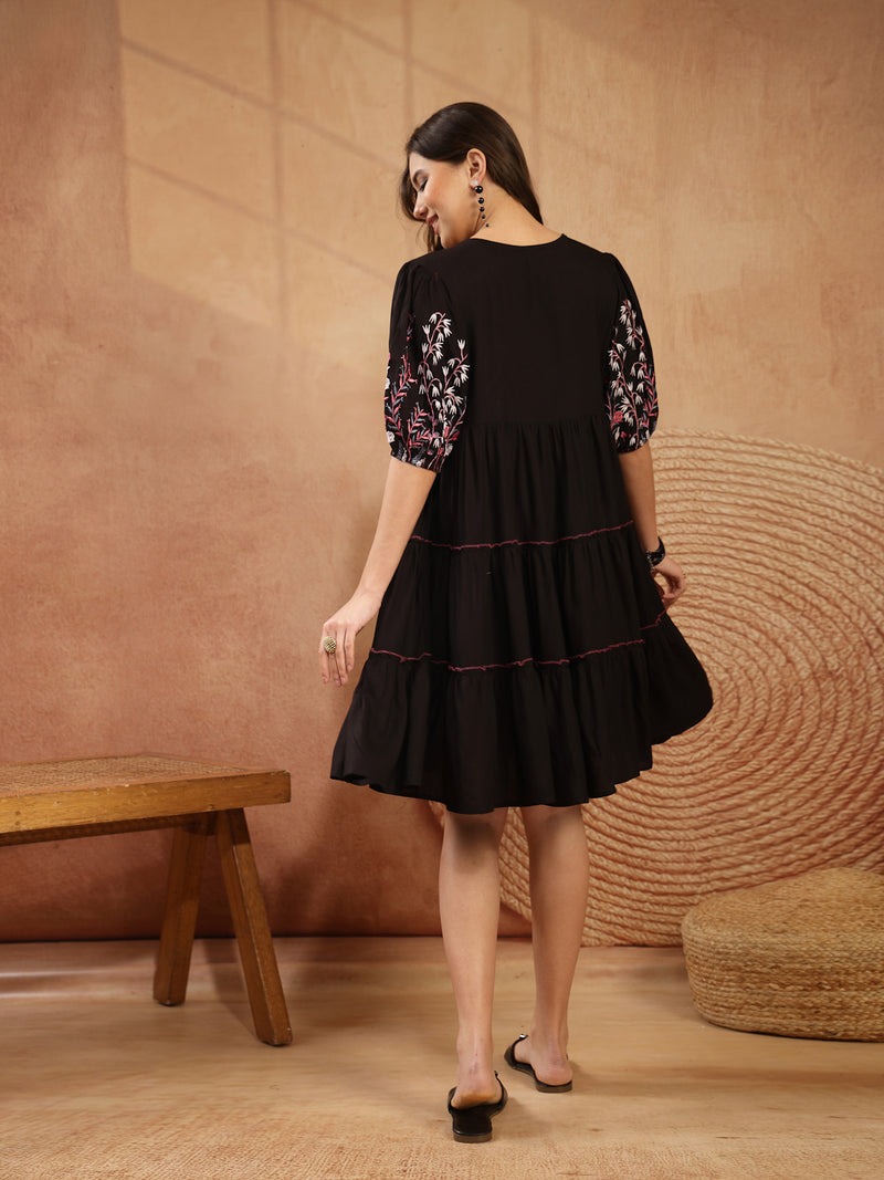 Stylum Women's Black Solid & Embroidered Rayon Tiered Dress (DRSBLACKNINA)