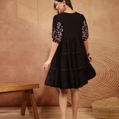 Stylum Women's Black Solid & Embroidered Rayon Tiered Dress (DRSBLACKNINA)