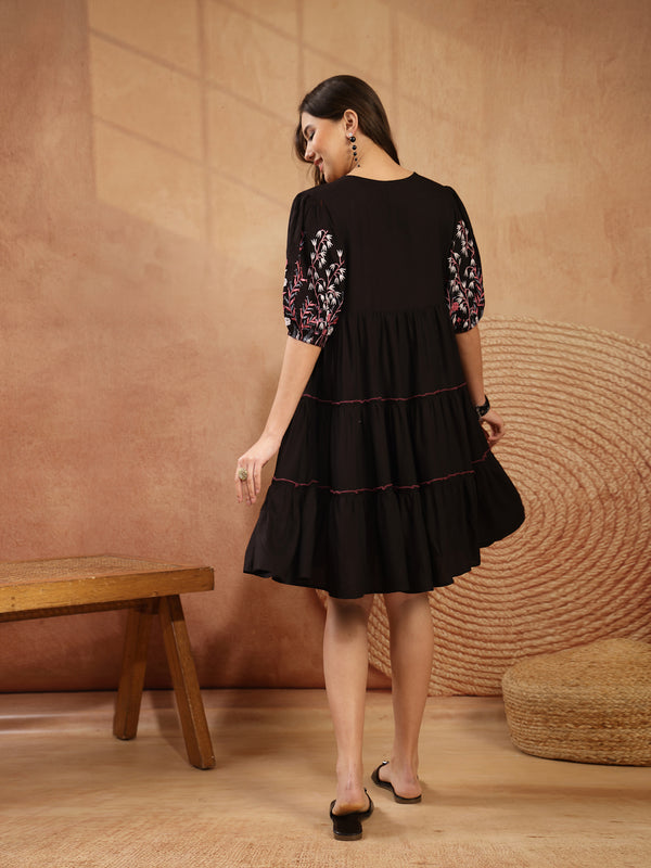 Stylum Women's Black Solid & Embroidered Rayon Tiered Dress (DRSBLACKNINA)
