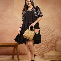 Stylum Women's Black Solid & Embroidered Rayon Tiered Dress (DRSBLACKNINA)