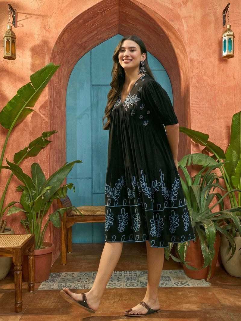 Stylum Women's Black Solid & Embroidered Rayon Empire Dress (DRSBLACKPANJIRI)