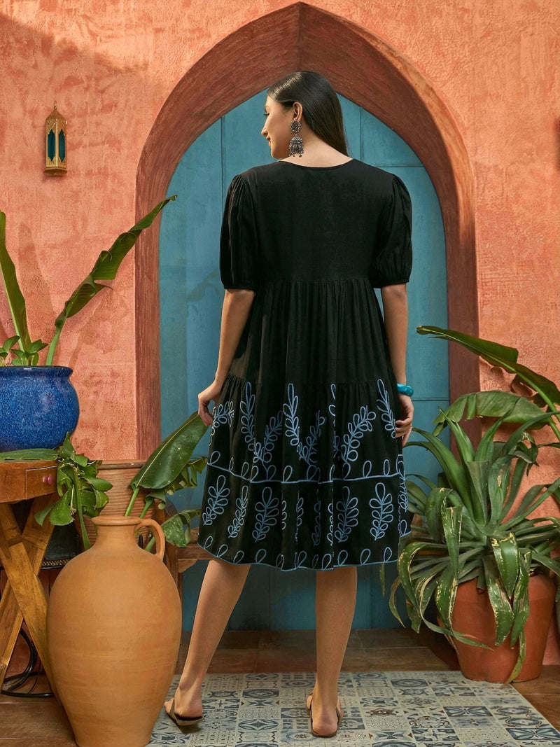 Stylum Women's Black Solid & Embroidered Rayon Empire Dress (DRSBLACKPANJIRI)