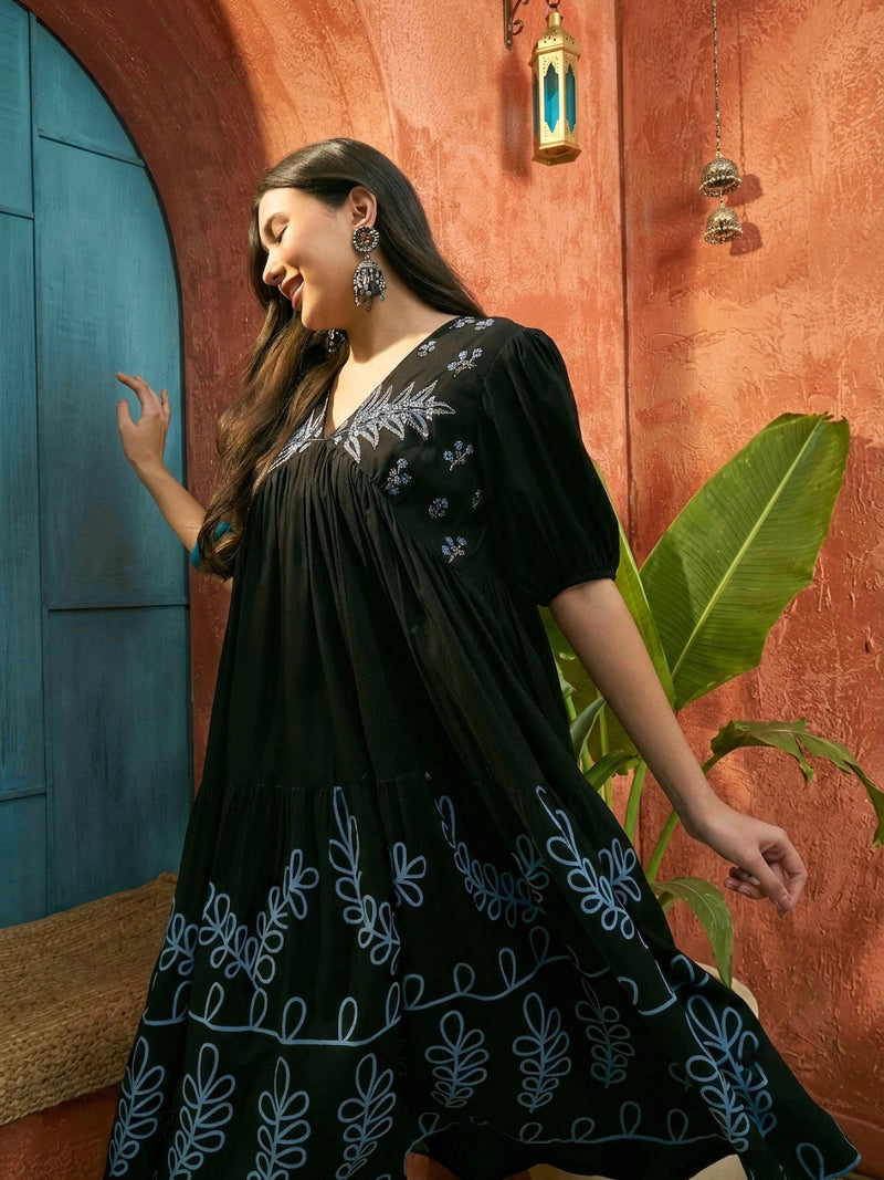 Stylum Women's Black Solid & Embroidered Rayon Empire Dress (DRSBLACKPANJIRI)
