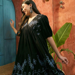 Stylum Women's Black Solid & Embroidered Rayon Empire Dress (DRSBLACKPANJIRI)