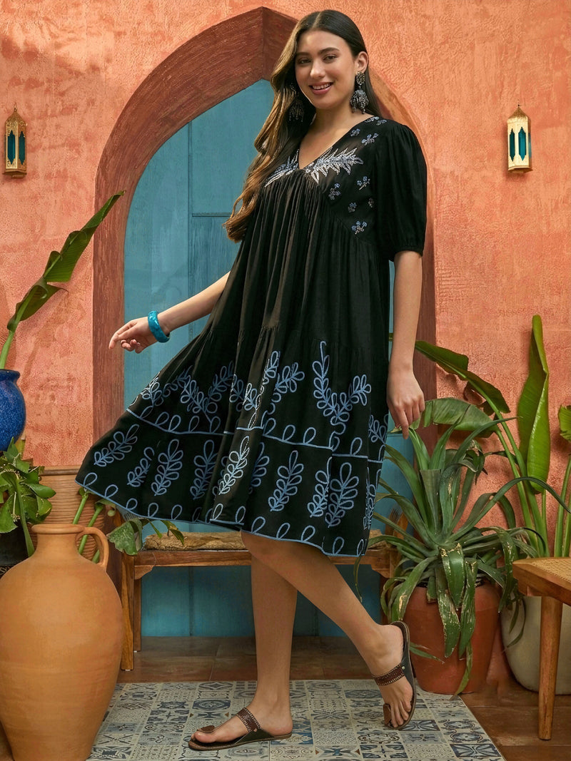 Stylum Women's Black Solid & Embroidered Rayon Empire Dress (DRSBLACKPANJIRI)