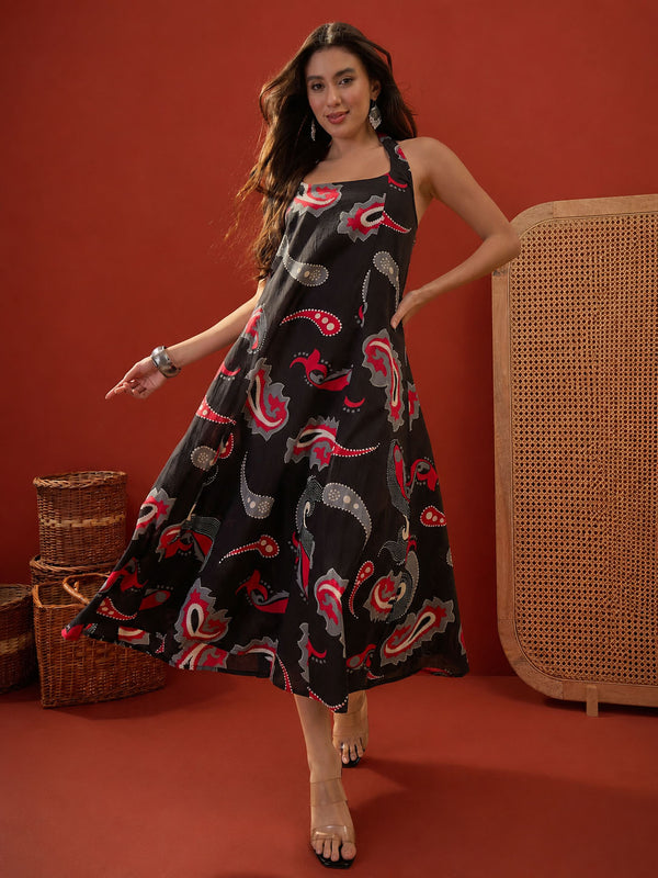 Stylum Women's Black Paisley Printed Cotton Empire Dress (DRSBLACKPARTY)