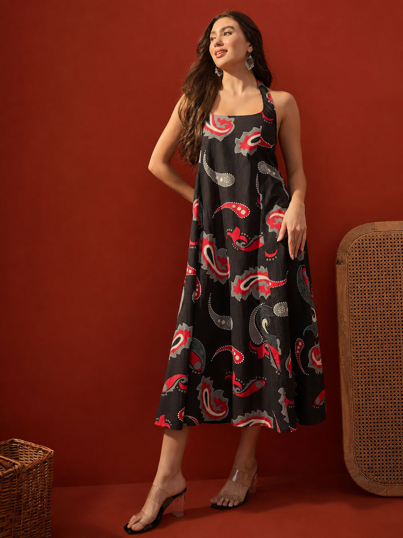 Stylum Women's Black Paisley Printed Cotton Empire Dress (DRSBLACKPARTY)