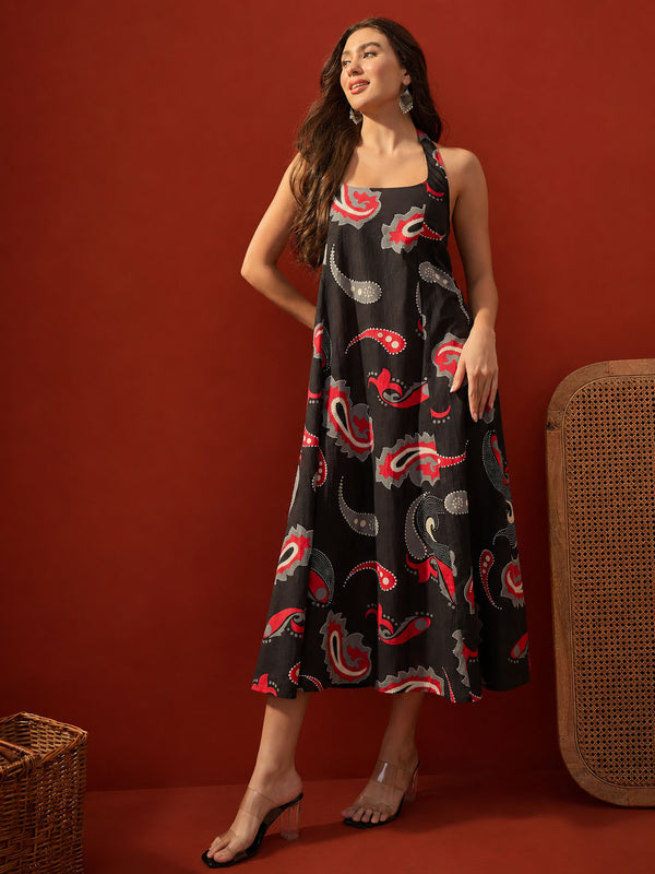 Stylum Women's Black Paisley Printed Cotton Empire Dress (DRSBLACKPARTY)