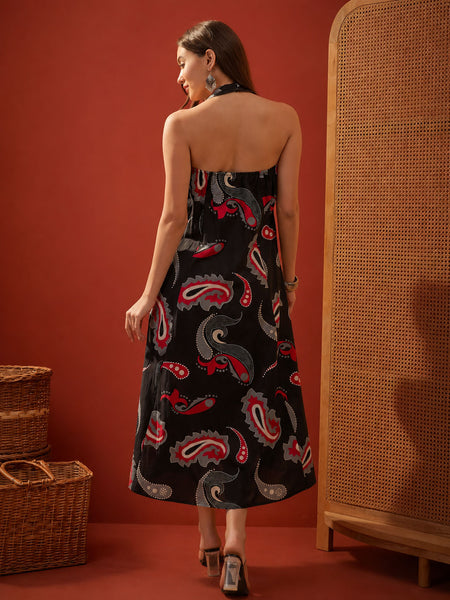 Stylum Women's Black Paisley Printed Cotton Empire Dress (DRSBLACKPARTY)