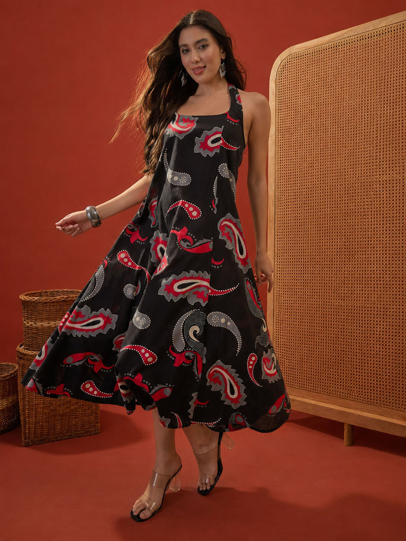 Stylum Women's Black Paisley Printed Cotton Empire Dress (DRSBLACKPARTY)