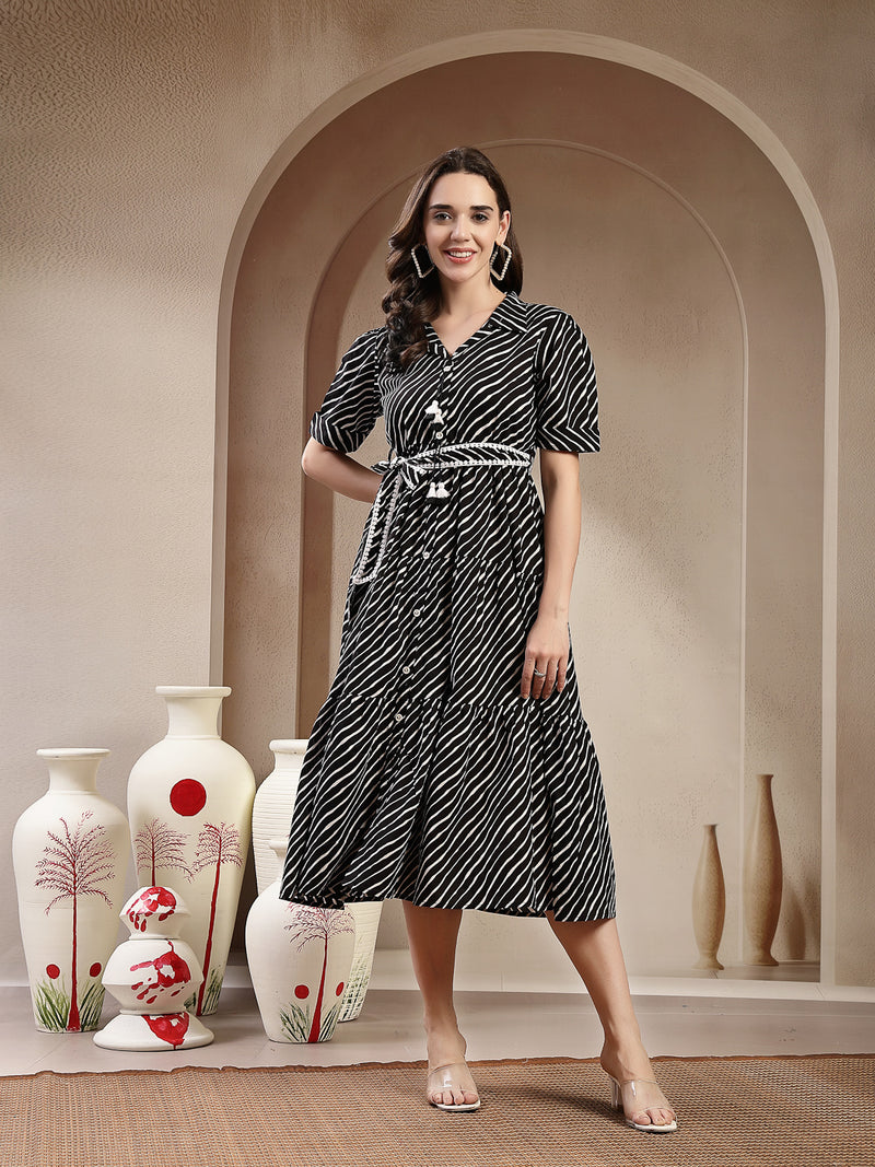 Stylum Women's Black Leheriya Printed Cotton Tiered Dress (DRSBLACKPEPPY)