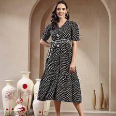 Stylum Women's Black Leheriya Printed Cotton Tiered Dress (DRSBLACKPEPPY)