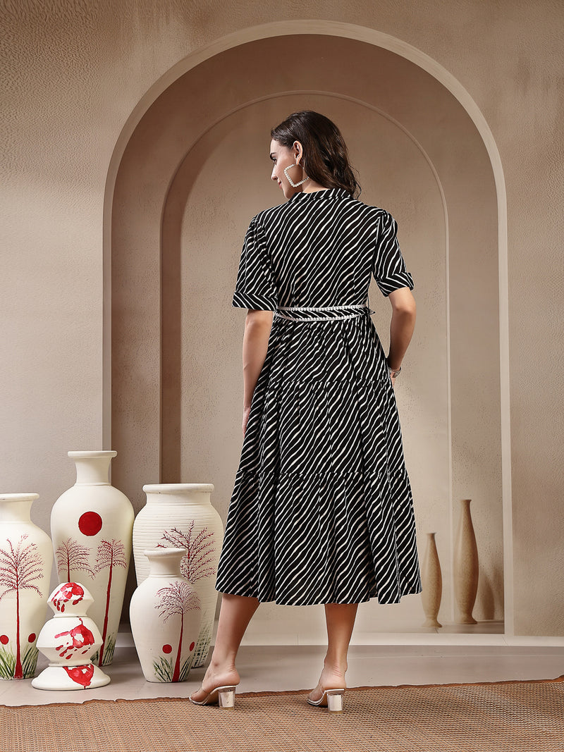Stylum Women's Black Leheriya Printed Cotton Tiered Dress (DRSBLACKPEPPY)