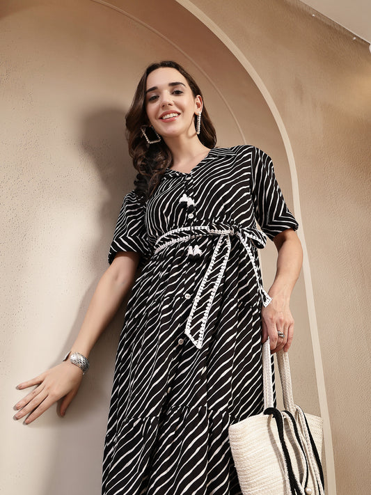 Stylum Women's Black Leheriya Printed Cotton Tiered Dress (DRSBLACKPEPPY)