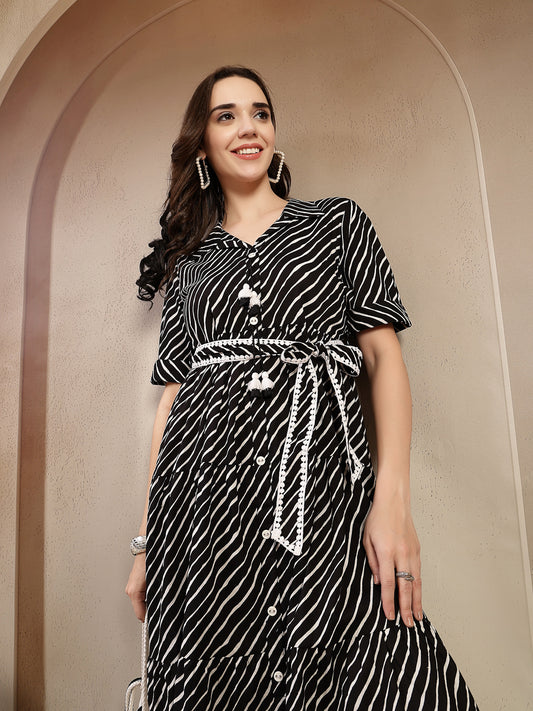 Stylum Women's Black Leheriya Printed Cotton Tiered Dress (DRSBLACKPEPPY)