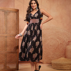 Stylum Women's Black Ethnic Printed & Embroidered Cotton A-Line Shoulder Tie-Up Dress (DRSBLACKPILGRIM)