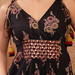 Stylum Women's Black Ethnic Printed & Embroidered Cotton A-Line Shoulder Tie-Up Dress (DRSBLACKPILGRIM)