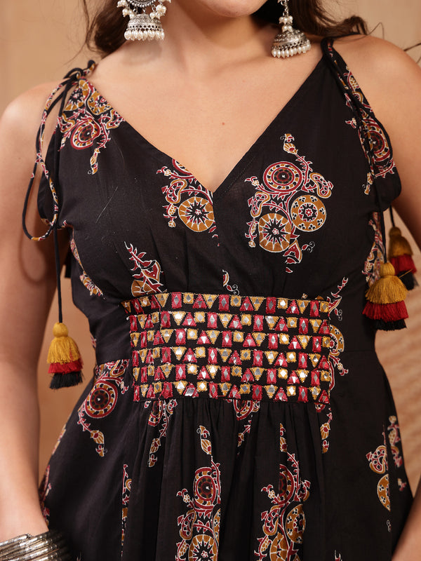Stylum Women's Black Ethnic Printed & Embroidered Cotton A-Line Shoulder Tie-Up Dress (DRSBLACKPILGRIM)