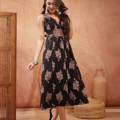 Stylum Women's Black Ethnic Printed & Embroidered Cotton A-Line Shoulder Tie-Up Dress (DRSBLACKPILGRIM)