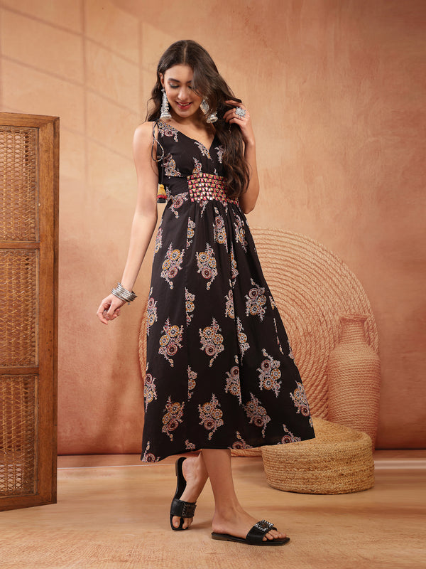 Stylum Women's Black Ethnic Printed & Embroidered Cotton A-Line Shoulder Tie-Up Dress (DRSBLACKPILGRIM)