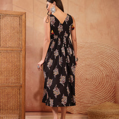 Stylum Women's Black Ethnic Printed & Embroidered Cotton A-Line Shoulder Tie-Up Dress (DRSBLACKPILGRIM)