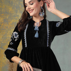Stylum Women's Black Solid & Embroidered Velvet Flared Dress (DRSBLACKPRETTY)