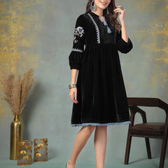 Stylum Women's Black Solid & Embroidered Velvet Flared Dress (DRSBLACKPRETTY)