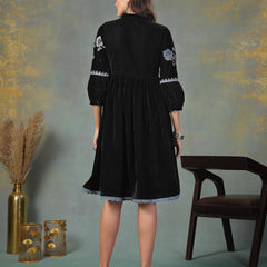 Stylum Women's Black Solid & Embroidered Velvet Flared Dress (DRSBLACKPRETTY)