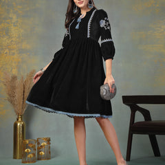 Stylum Women's Black Solid & Embroidered Velvet Flared Dress (DRSBLACKPRETTY)