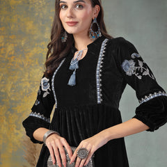 Stylum Women's Black Solid & Embroidered Velvet Flared Dress (DRSBLACKPRETTY)