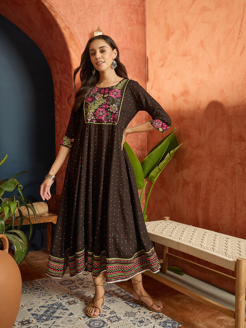 Stylum Women's Black Polka Dots Printed & Embroidered Rayon Flared Dress (DRSBLACKVAAMSI)