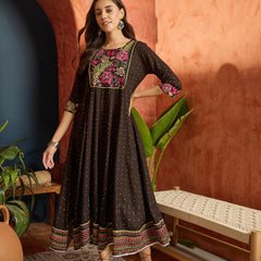 Stylum Women's Black Polka Dots Printed & Embroidered Rayon Flared Dress (DRSBLACKVAAMSI)