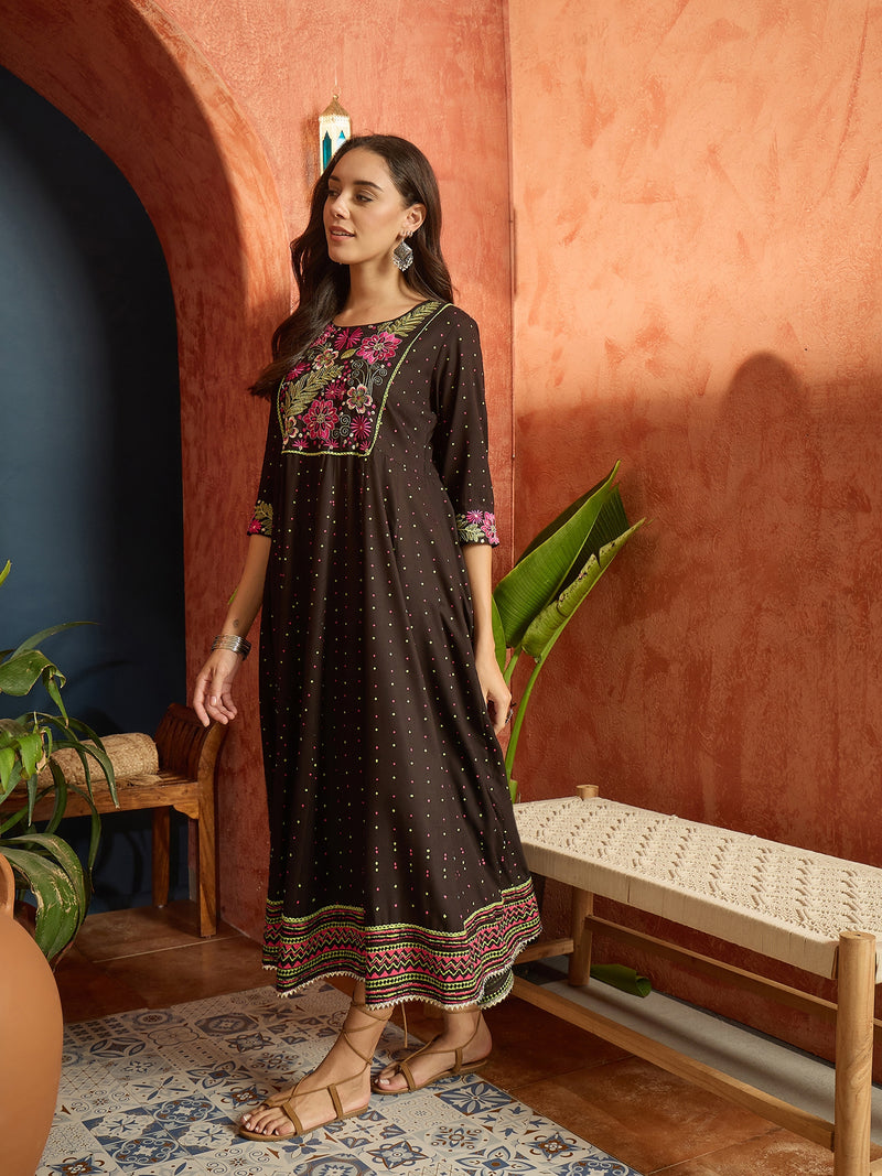 Stylum Women's Black Polka Dots Printed & Embroidered Rayon Flared Dress (DRSBLACKVAAMSI)