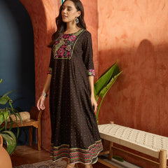 Stylum Women's Black Polka Dots Printed & Embroidered Rayon Flared Dress (DRSBLACKVAAMSI)