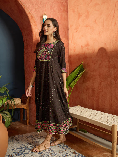Stylum Women's Black Polka Dots Printed & Embroidered Rayon Flared Dress (DRSBLACKVAAMSI)