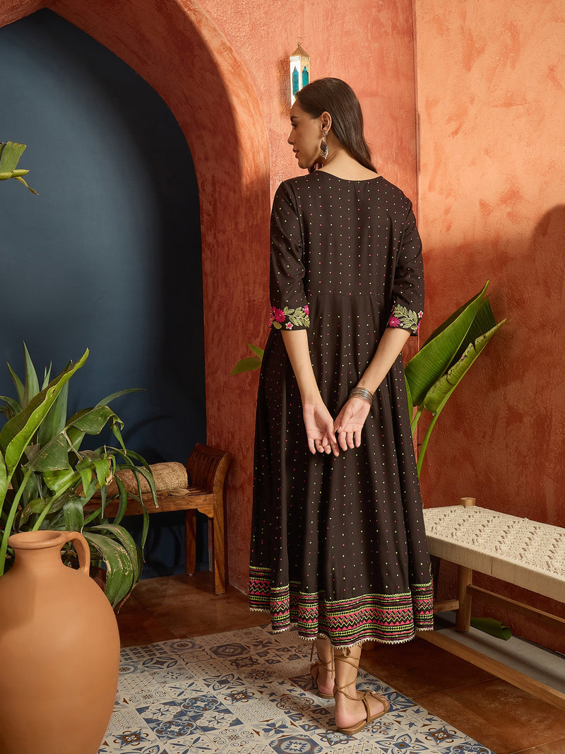 Stylum Women's Black Polka Dots Printed & Embroidered Rayon Flared Dress (DRSBLACKVAAMSI)