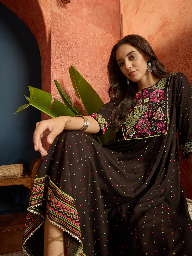 Stylum Women's Black Polka Dots Printed & Embroidered Rayon Flared Dress (DRSBLACKVAAMSI)