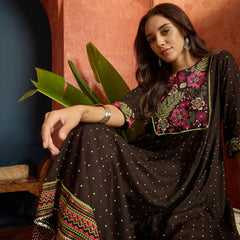 Stylum Women's Black Polka Dots Printed & Embroidered Rayon Flared Dress (DRSBLACKVAAMSI)