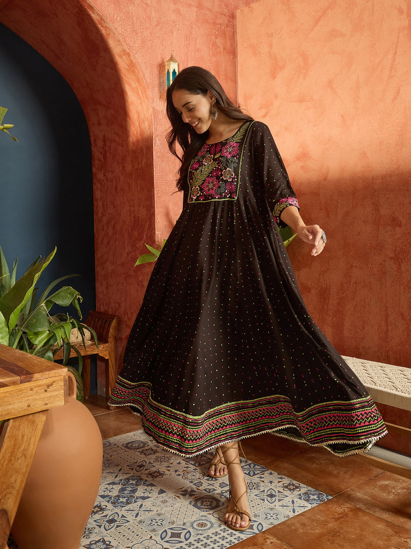 Stylum Women's Black Polka Dots Printed & Embroidered Rayon Flared Dress (DRSBLACKVAAMSI)