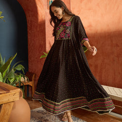 Stylum Women's Black Polka Dots Printed & Embroidered Rayon Flared Dress (DRSBLACKVAAMSI)