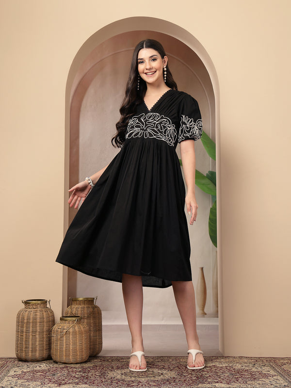 Stylum Women's Black Solid Cotton Flared Dress (DRSBLACKYUNA)