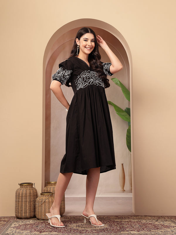 Stylum Women's Black Solid Cotton Flared Dress (DRSBLACKYUNA)