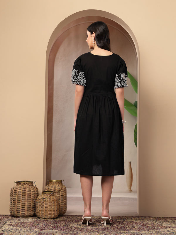 Stylum Women's Black Solid Cotton Flared Dress (DRSBLACKYUNA)