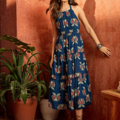 Stylum Women's Blue Printed Cotton Tiered Dress (DRSBLUEAGADU)