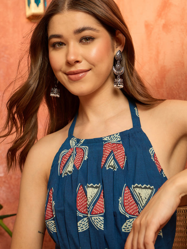 Stylum Women's Blue Printed Cotton Tiered Dress (DRSBLUEAGADU)