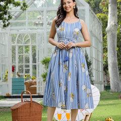 Stylum Women's Blue Striped & Floral Printed Cotton Dress (DRSBLUEAND)