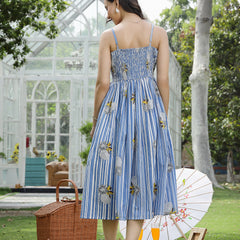 Stylum Women's Blue Striped & Floral Printed Cotton Dress (DRSBLUEAND)